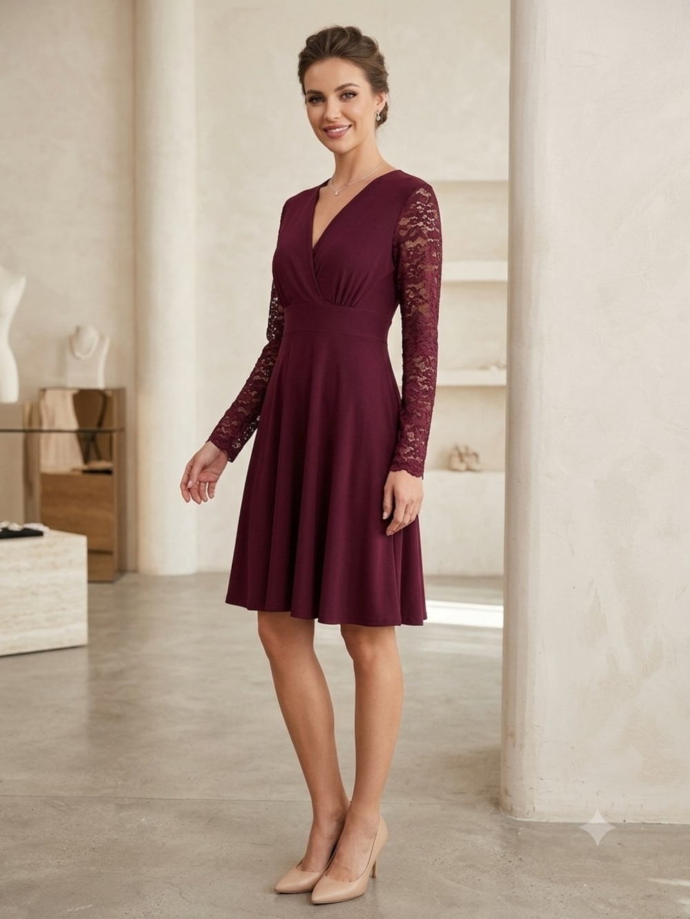 Ashley Graham Burgundy Lace Long Sleeve Fit & Flare Dress